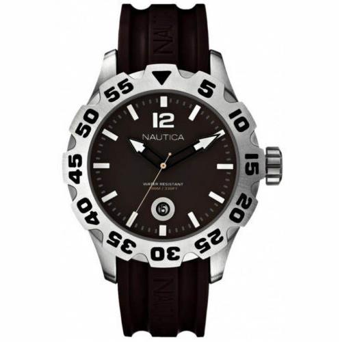 Nautica Mens Bfd 100 Grey Dial Stainless Steel Case Light Brown Rubber Watch