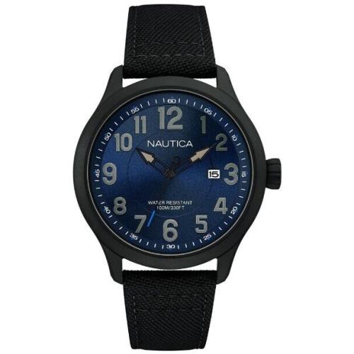 Nautica Black Leather/fabric Band Quartz Blue Dial 45mm Men`s Watch NAI11515G