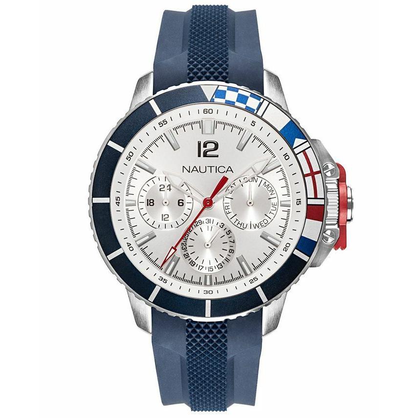 Nautica NAPBHP903 Bay Ho Collection Blue Resin Strap Men`s Watch Great Gift - Dial: Silver, Band: Blue