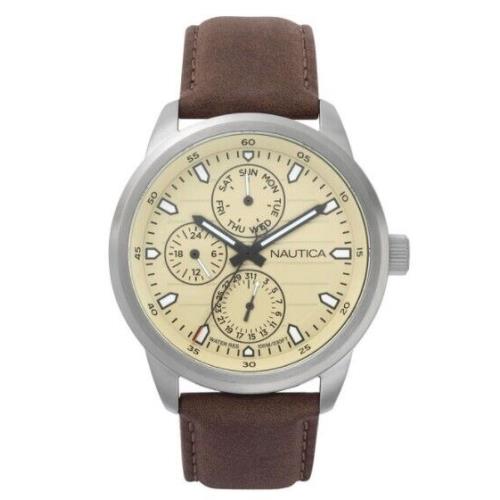 Nautica Forbell Multifunction 44mm Brown Leather Strap Men`s Watch NAPFRL001 - Dial: Beige, Band: Brown, Bezel: Silver