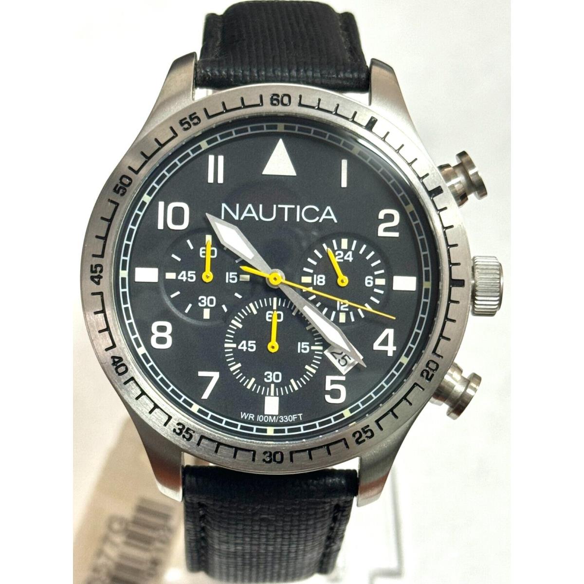 Nautica N16577G Black Dial Black Leather Strap Chronograph Men`s Watch