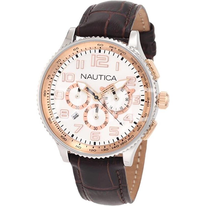 Nautica N22599M Ocn 38 Mid Br. Chronograph Leather Band Men`s Watch