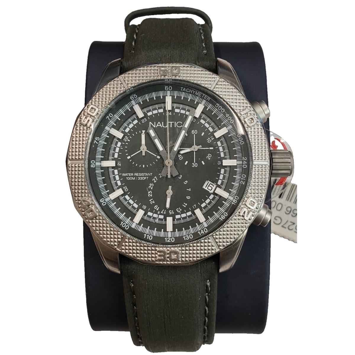 Nautica Dark Gray Olive Green Tachymeter 44mm Chronograph Men`s Watch NAI16527G