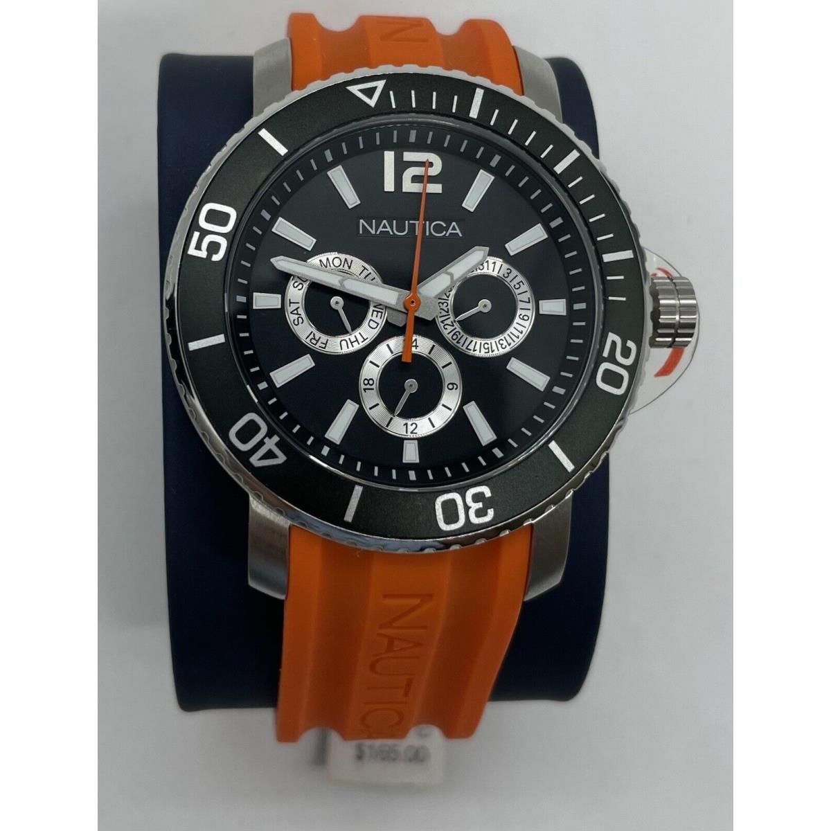 Nautica Men`s Watch Black Dial Steel Case Orange Rubber Strap Dive NAD16562G