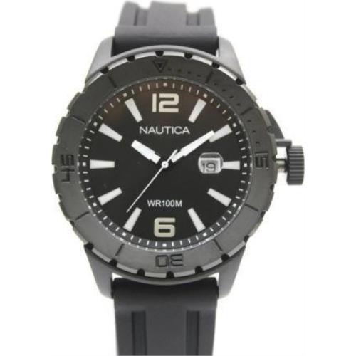 Nautica Steel Black Case Black Rubber Date Men Dress Watch 45mm N15601G