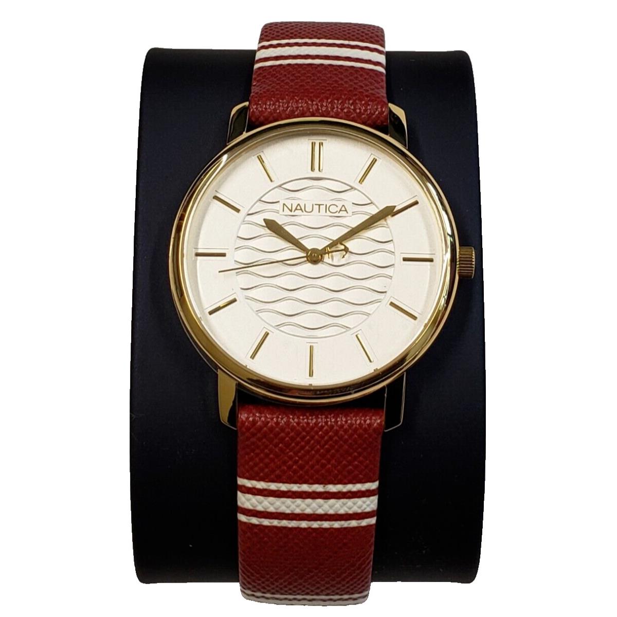 Nautica Red White Stripe Strap 36mm White Dial Women`s Watch NAPCGS003