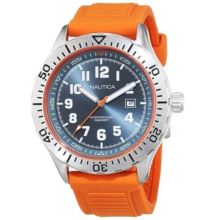 Men`s Nautica Nsr 105 Grey Dial Dive Orange Rubber Strap Watch Gray NAD12537G - Dial: Gray, Band: Orange, Bezel: Black, Multicolor, Silver