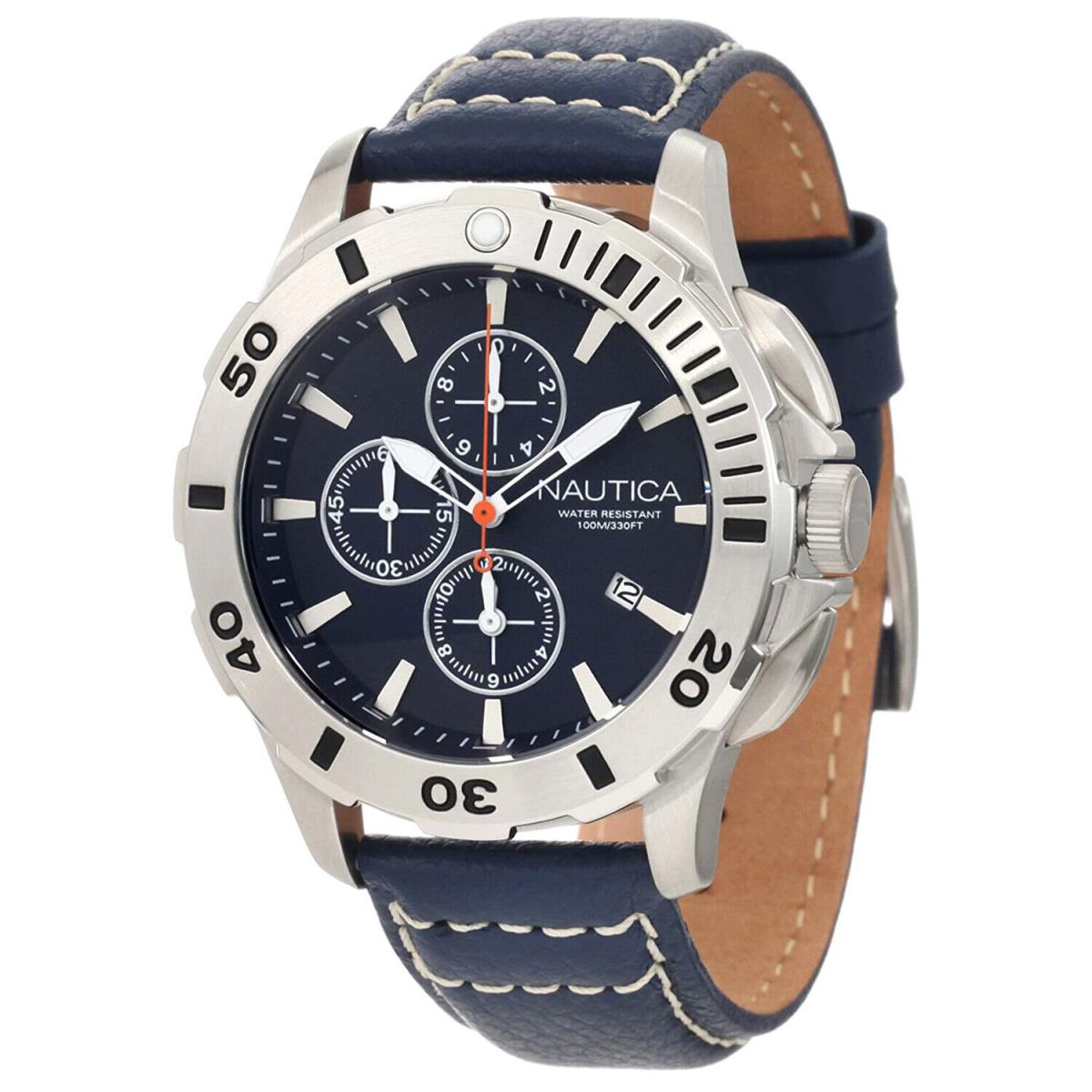 Nautica N18642G Bfd 101 Blue Dial Blue Leather Strap Chronograph Men`s Watch