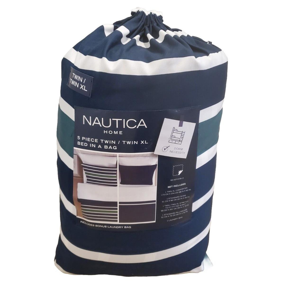 Nautica Navy Blue Green Striped Twin / Twin XL Bed in Bag Comforter Set 5 PC