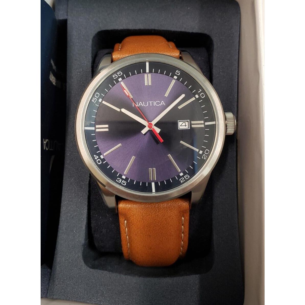 Nautica Brown Leather Strap Navy Blue Dial Men`s Watch 45mm Steel NAPN19003