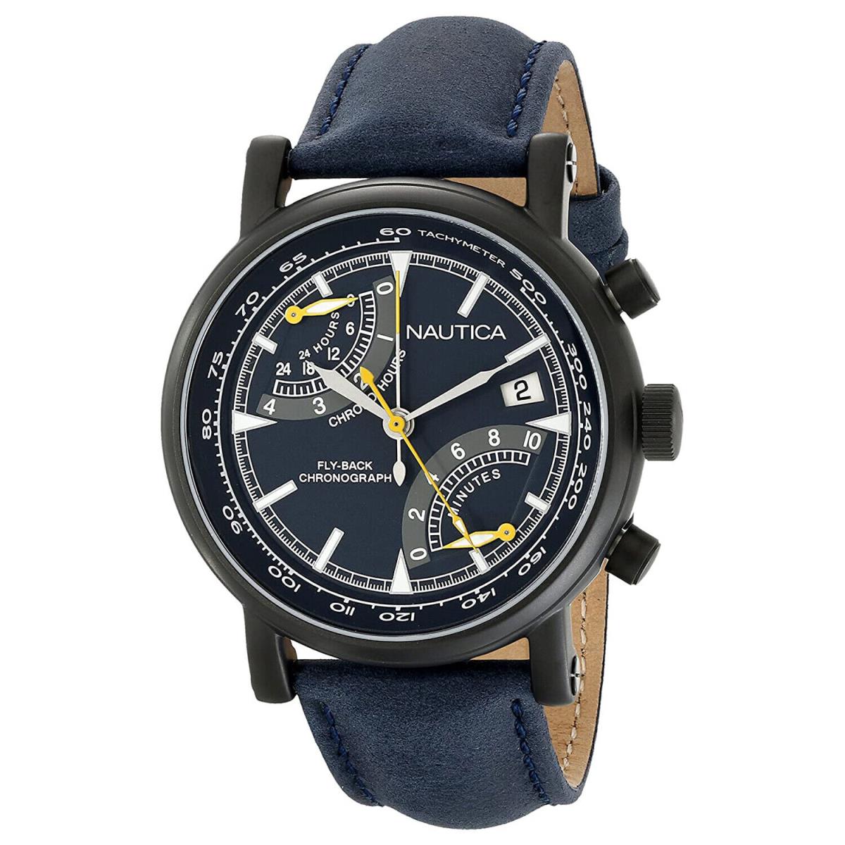 Nautica NAD18501G Nfb 01 Blue Dial Blue Leather Strap Chronograph Men`s Watch