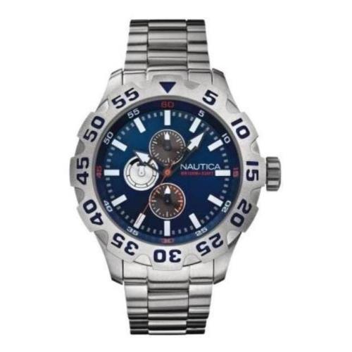 Nautica Silver Tone S/steel Band Blue Chrono Dial+day Date WATCH-N20093G