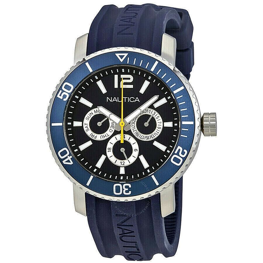 Nautica Chronograph Men`s Watch Black Dial Blue Silicone Band 45mm NAD16561G