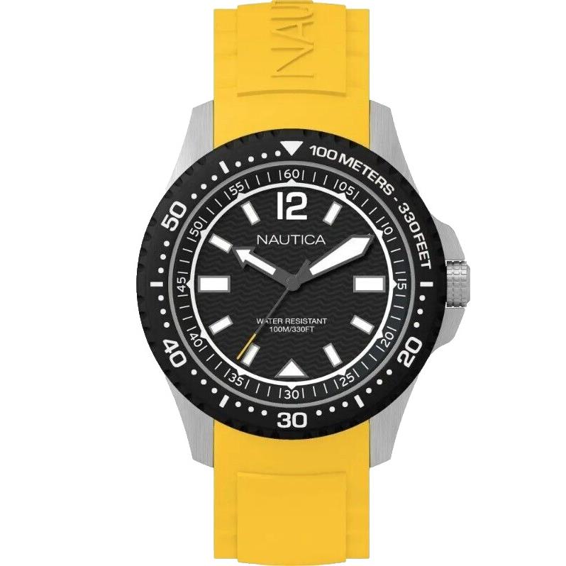 Nautica Mau Sport Yellow Rubber Strap Black Dial Men`s Watch Steel NAPMAU005