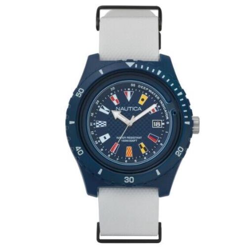 Nautica White Silicone Strap Blue Dial Surfside 46mm Men`s Watch NAPSRF002