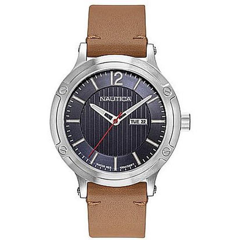 Men`s Nautica Porthole Slim Boxset 44mm Leather Band Watch NAPPSP901