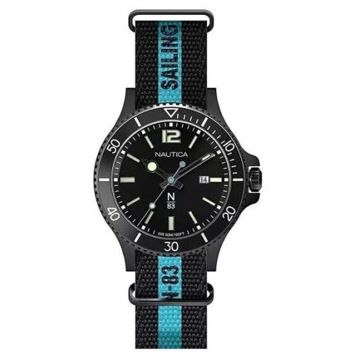 Nautica N83 Black Fabric 43mm Black Dial Men`s Sailor Watch NAPABS903 Baby Blue