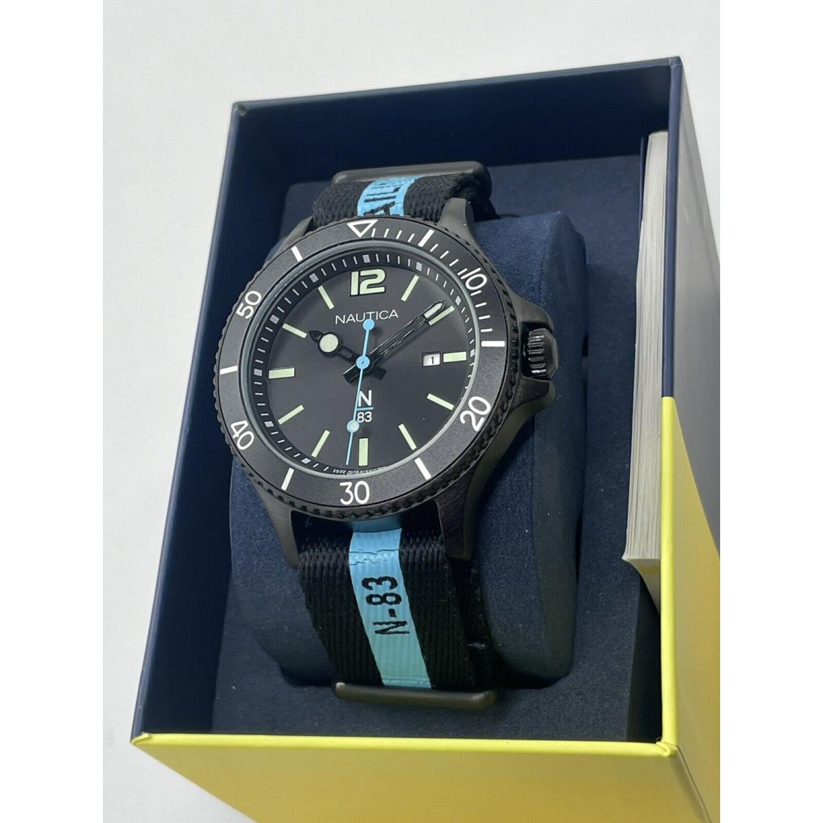 Nautica N83 Black Fabric 43mm Black Dial Men`s Sailor Watch NAPABS903 Baby Blue