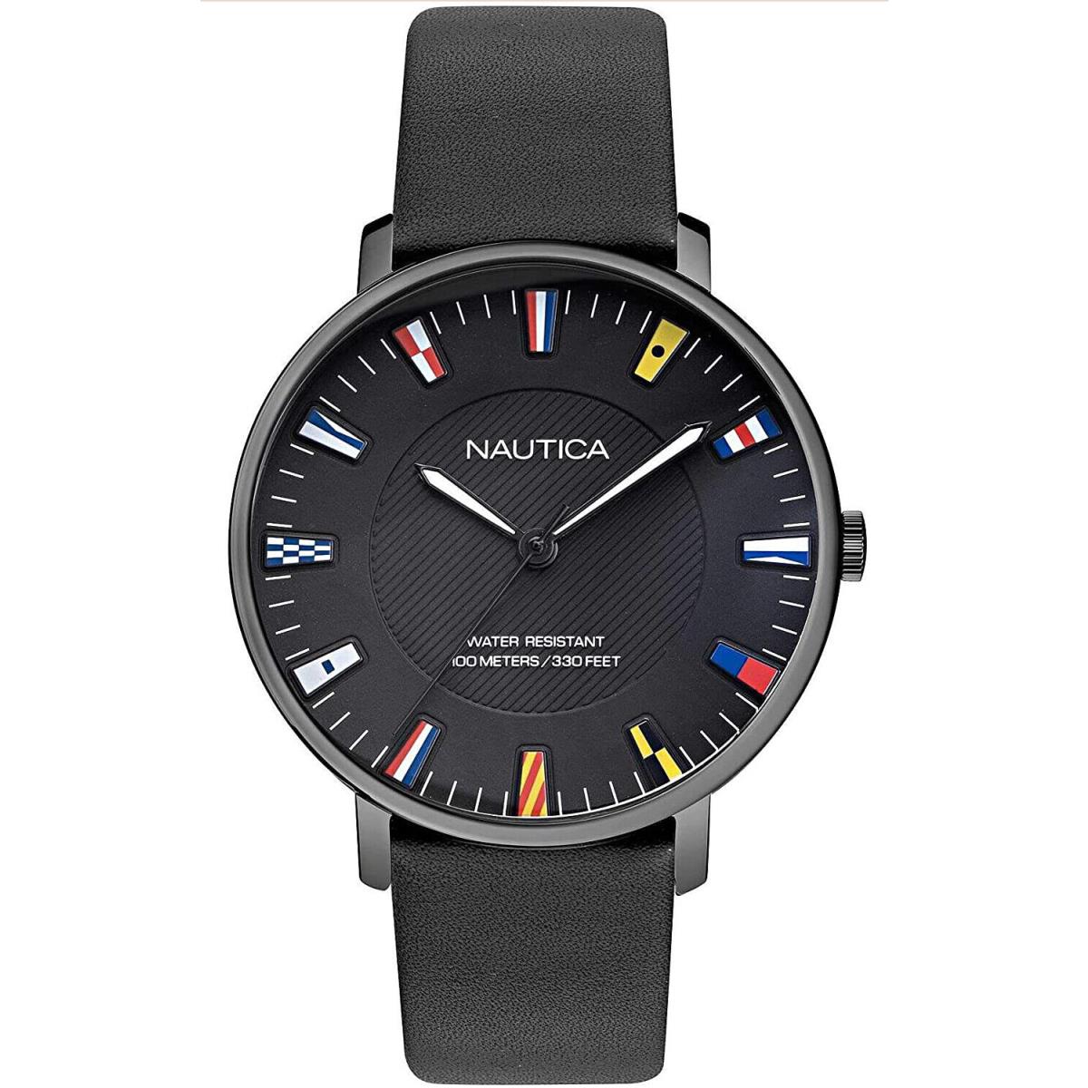 Nautica NAPCRF908 Caprera Black Dial Black Leather Strap Men`s Watch