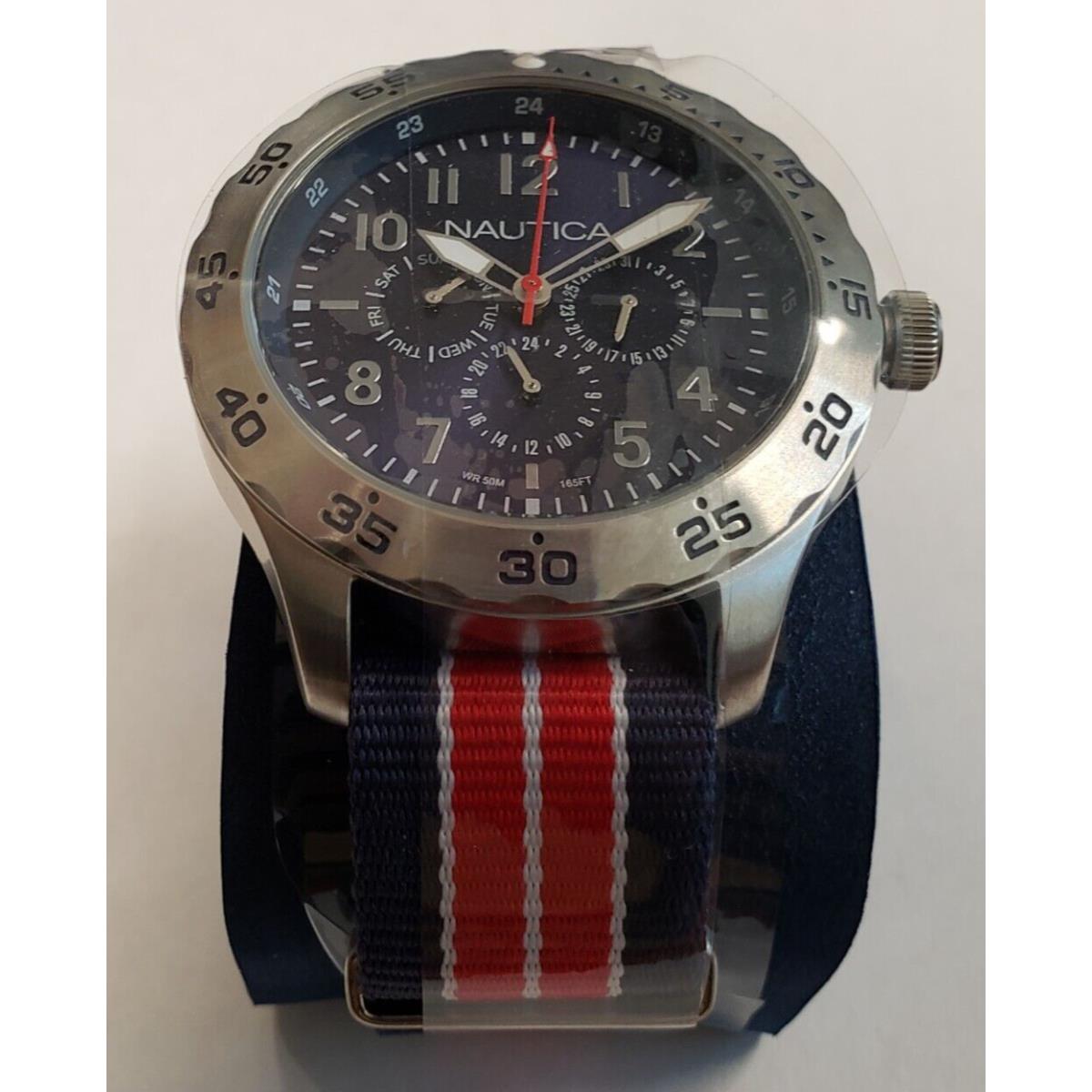 Nautica Nylon Blue Red White Band Dial Multifunction Men`s Watch NAPNC1805