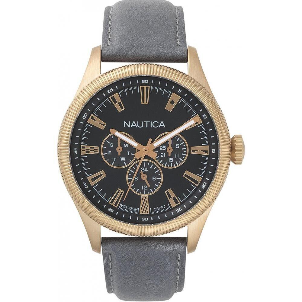 Nautica Gray Leather Strap Multifunction 44mm Men`s Watch NAPSTB003