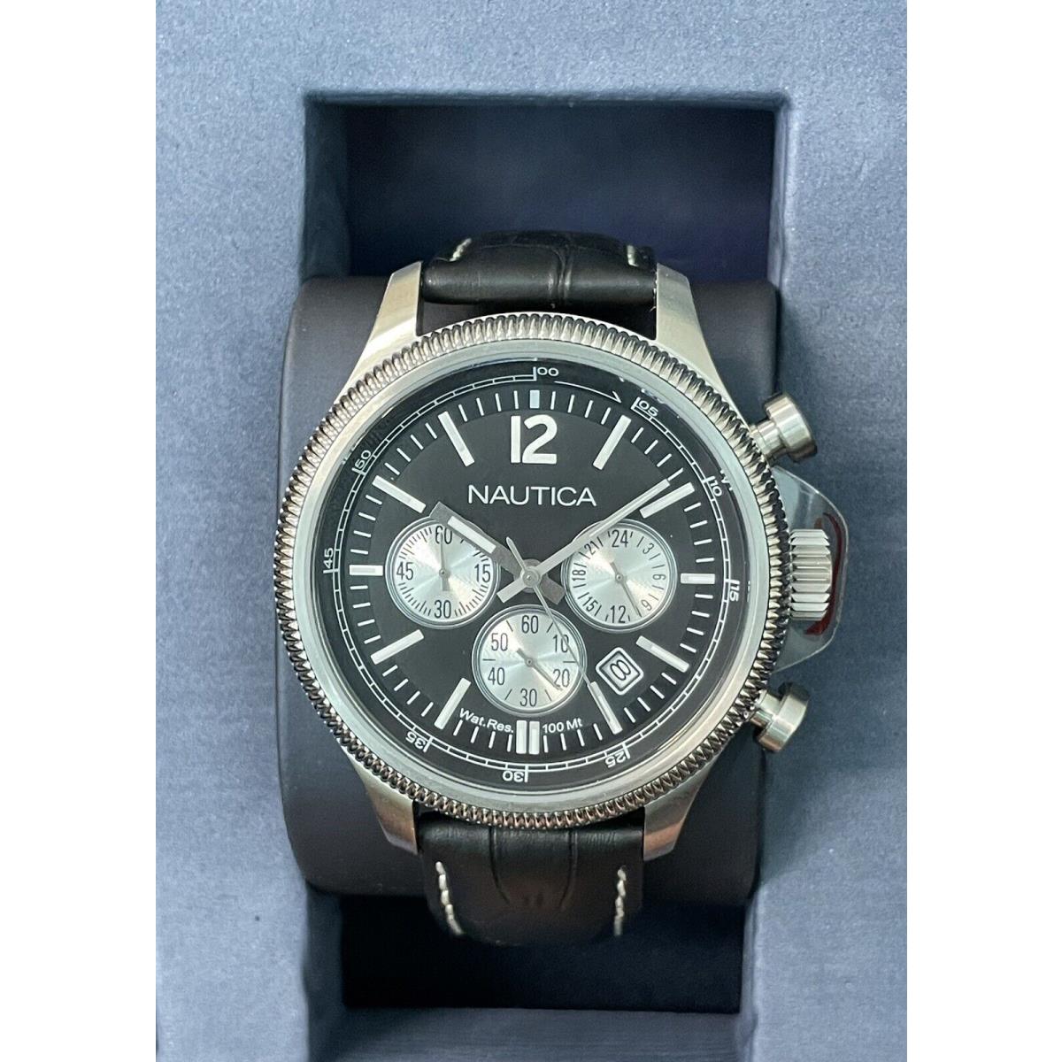 Nautica Black Leather Strap Chronograph Black Dial Steel Men`s Watch NAD20019G