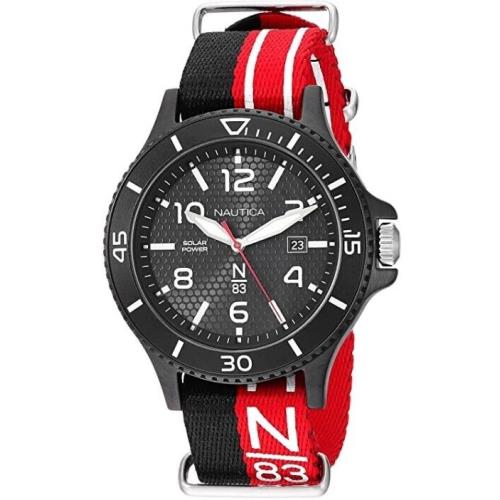 Men`s Nautica Watch Cocoa Beach Red Black Strap Canvas Solar Powered NAPCBS901