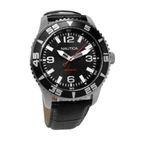 Nautica Black Dial N09611G Men`s Black Leather Strap Mineral Crystal Watch