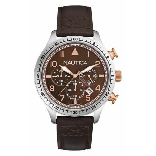 Nautica Mens Bfd 105 Chronograph Brown Dial Stainless Steel Leather 100M Watch