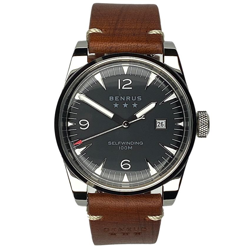 Benrus Classic C2-P-BK-LBR Black Dial Stainless Steel Date 41MM Men`s Automatic