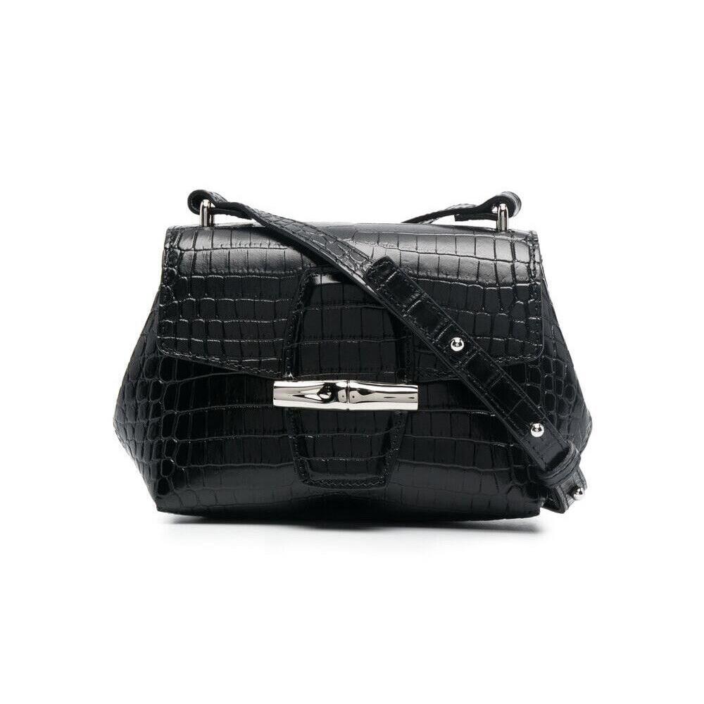 Longchamp Roseau Black Croc Leather Crossbody Crocodile Bag