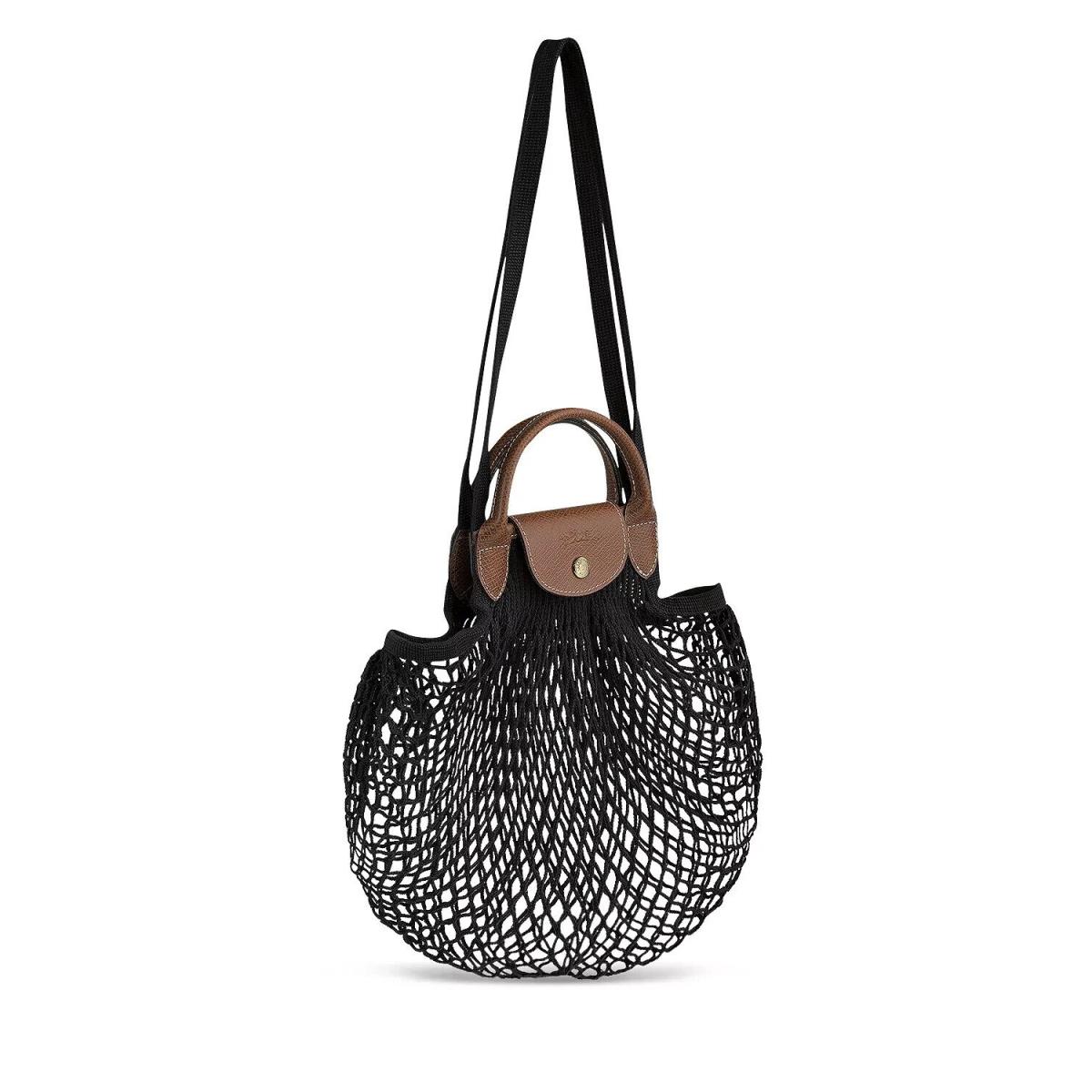 Longchamp Le Pliage Filet Net Bag with Leather Handle Straps Black Bag