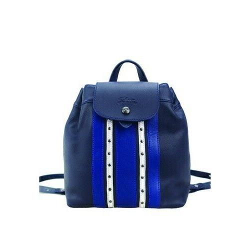 Longchamp Le Pliage Cuir S Rock Backpack Navy Blue Lamb Leather Stripe Studded