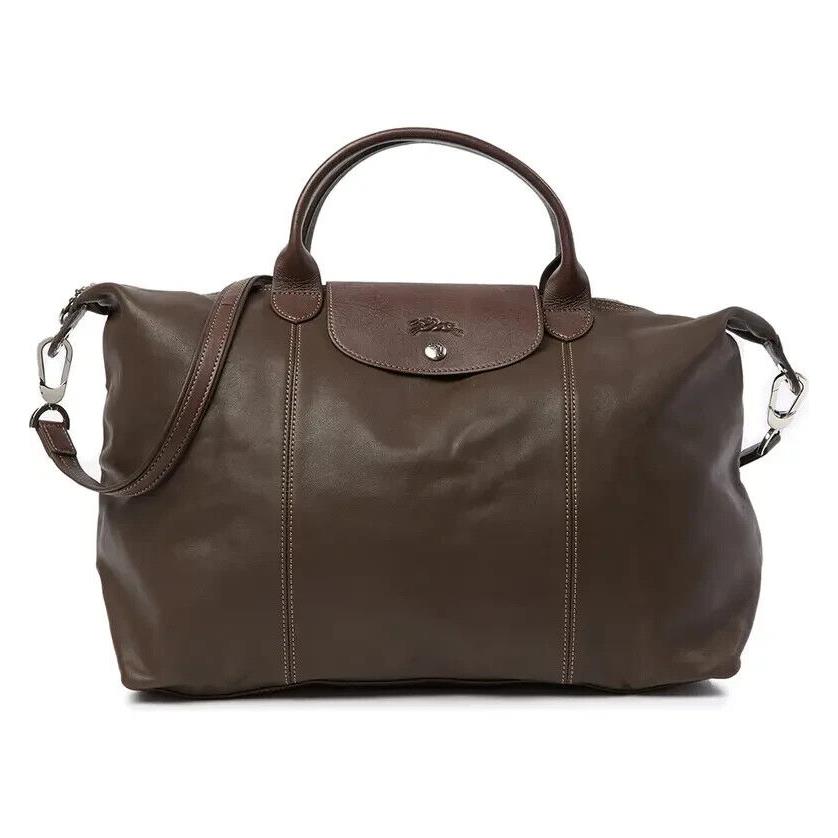 Longchamp Le Pliage Cuir L Leather Satchel Travel Crossbody Bag Taupe Brown