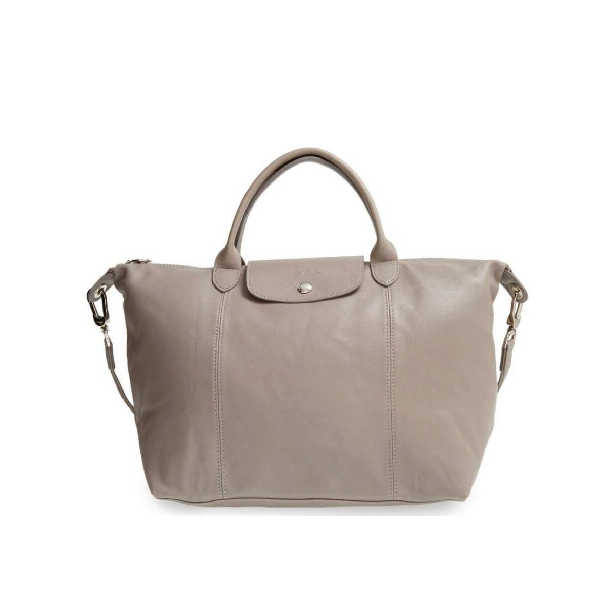 Longchamp Le Pliage Cuir Medium Leather Satchel Bag Pebble Gray