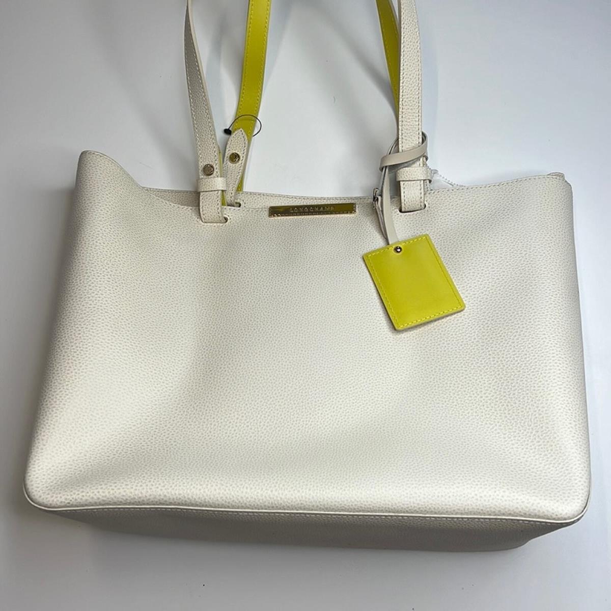 Longchamp Ivory Pebbled Leather Tote Bag w/ Yellow Details Double Handles