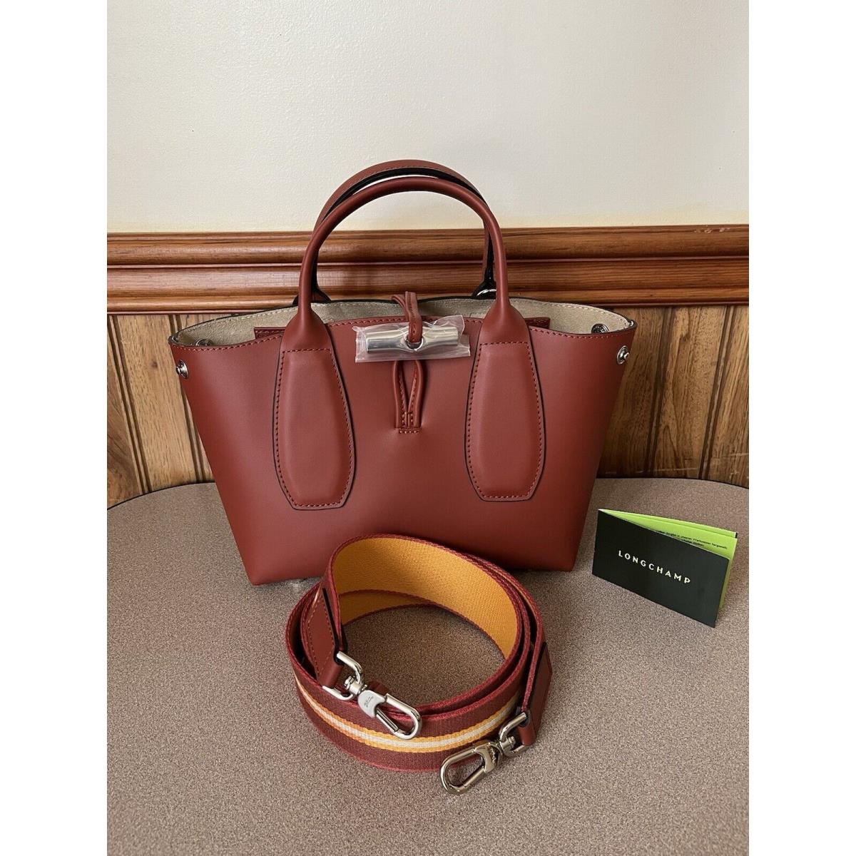 Longchamp Roseau Small Box Leather Handbag Crossbody Mahogany Bamboo Motif