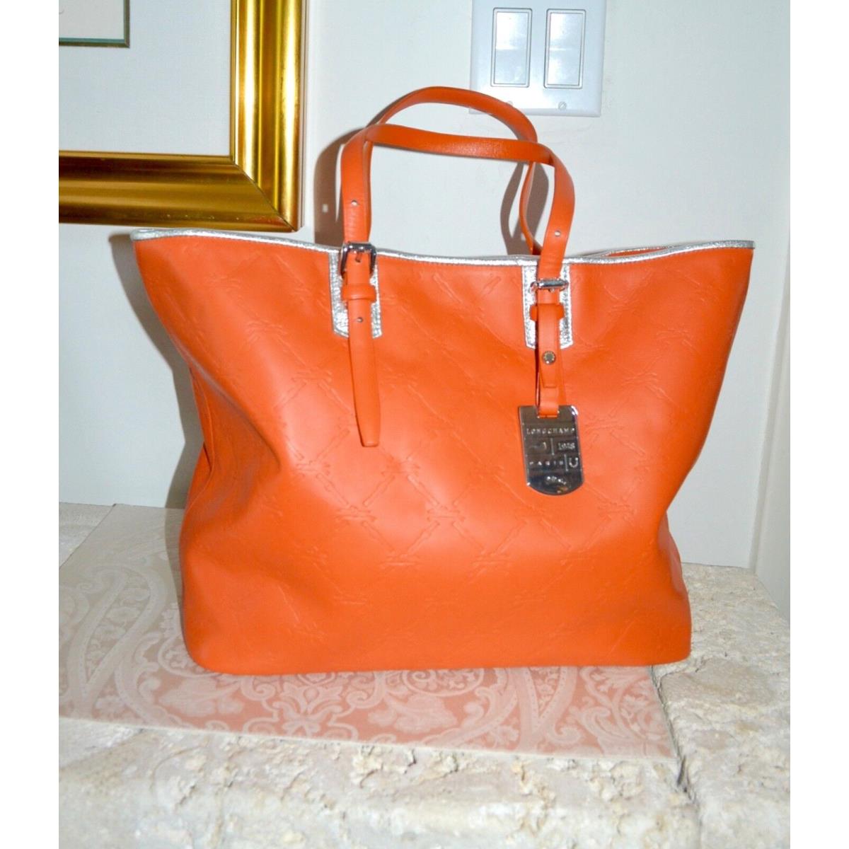 Longchamp Paris LM Cuir Orange Leather Zip Tote Bag w Pouch