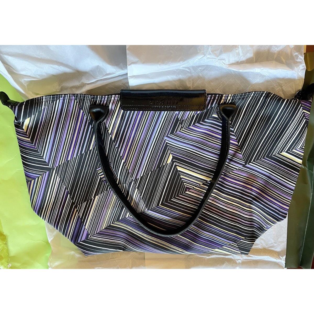 Longchamp Op Art Pliage Limited Edition Purple Stripe Silky Tote Bag