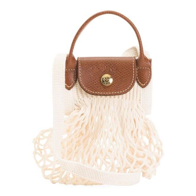 Longchamp Le Pliage White Cotton Mesh with Brown Leather XS Crossbody Bag