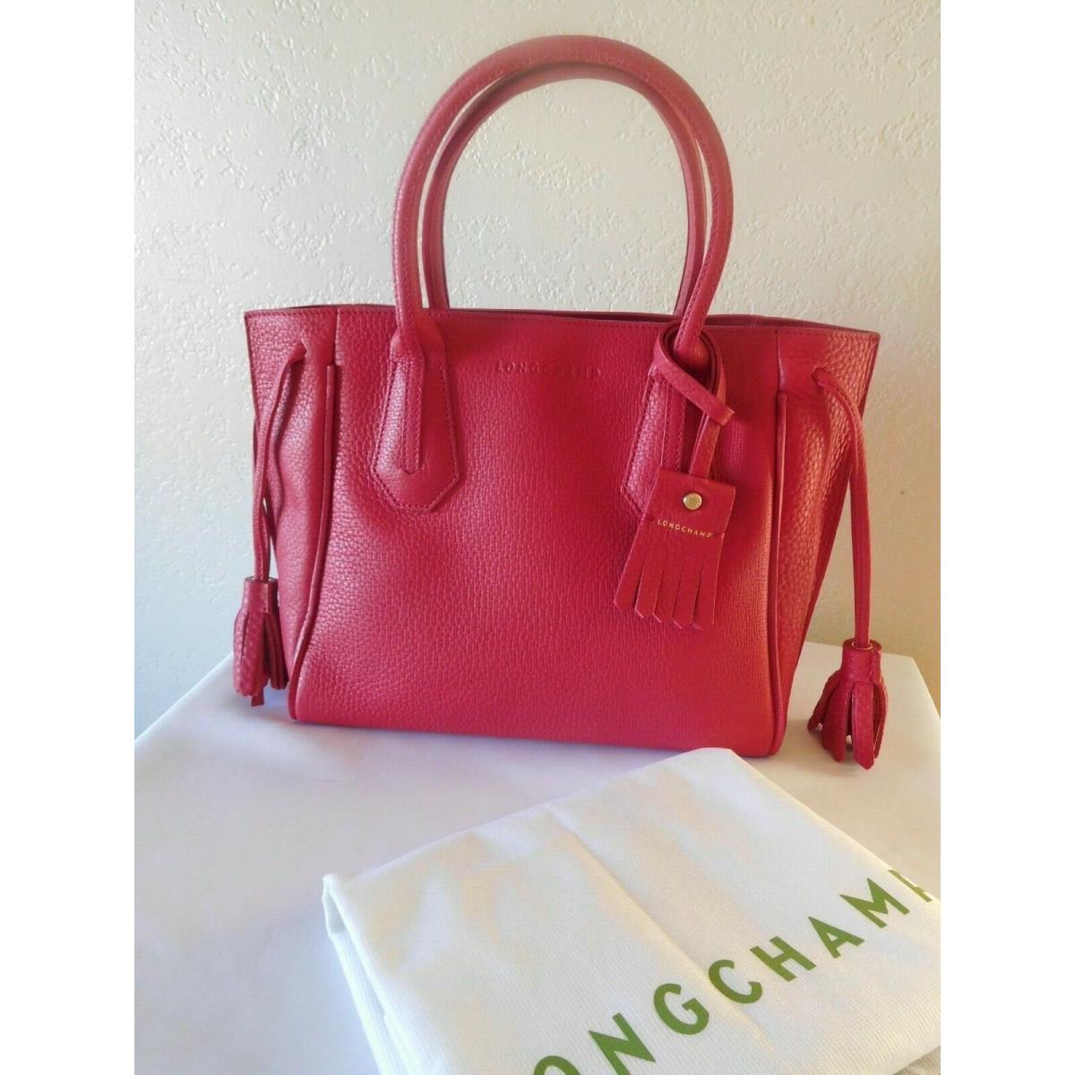 Longchamp Penelope Tassel Drawstring Red Leather Tote Handbag Purse