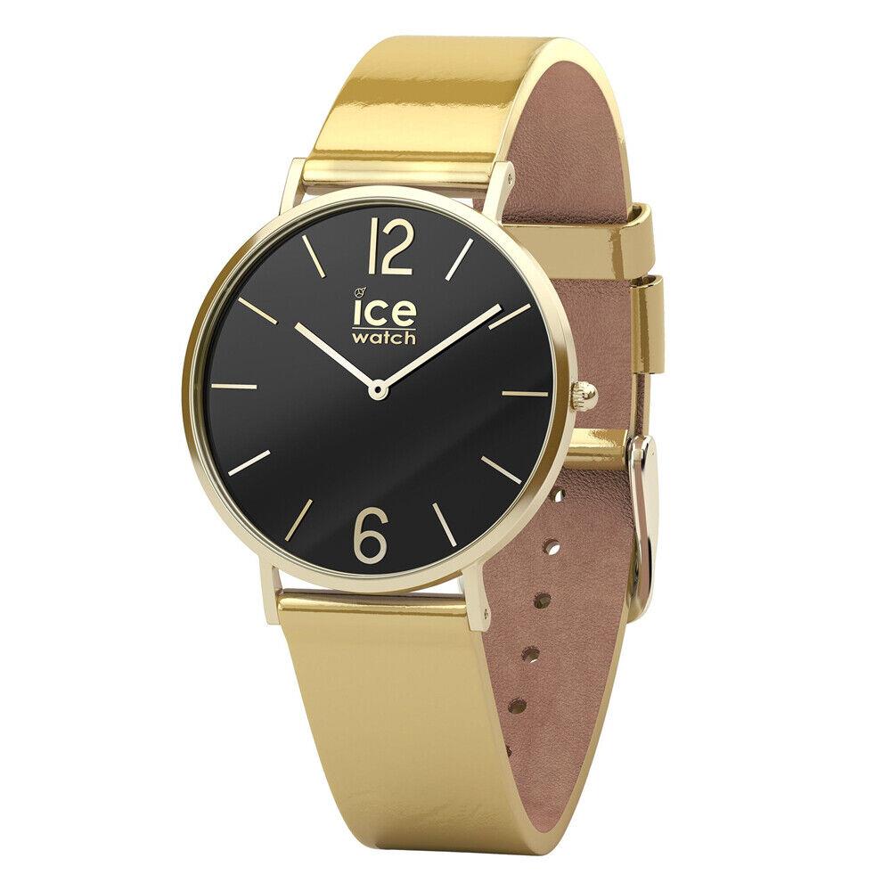 Ice City Sparkling Gold Stainless Steel and Leather Strap Women`s Watch. 015084 - Dial: Black, Band: Gold, Bezel: Gold