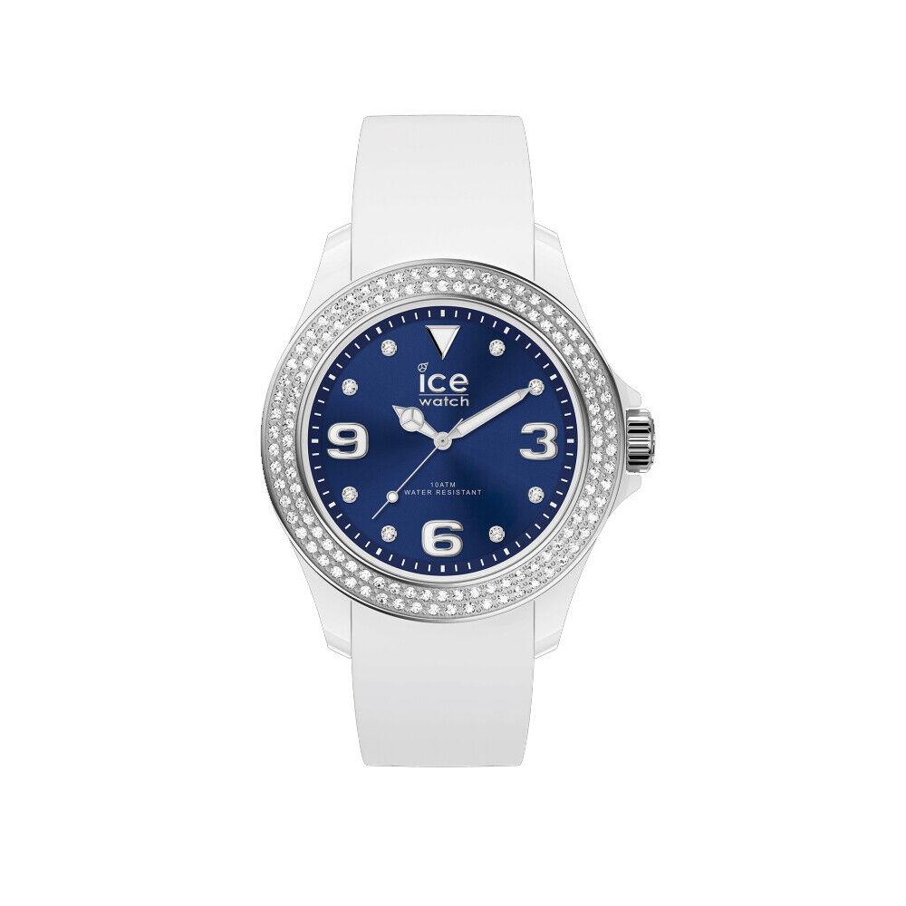 Ice Crystal White Stainless Steel Case and Silicone Strap Women`s Watch. 017235 - Dial: Blue, Band: Black, Bezel: White