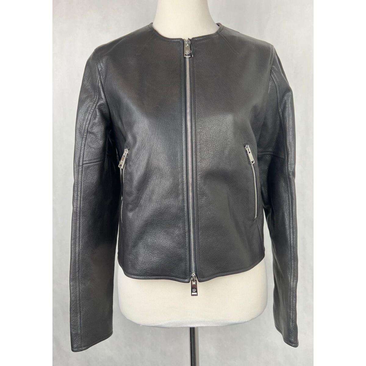 Mcm Women`s Black Leather Zip Up Bomber Jacket W/logo on Back MFJASMV05BT0