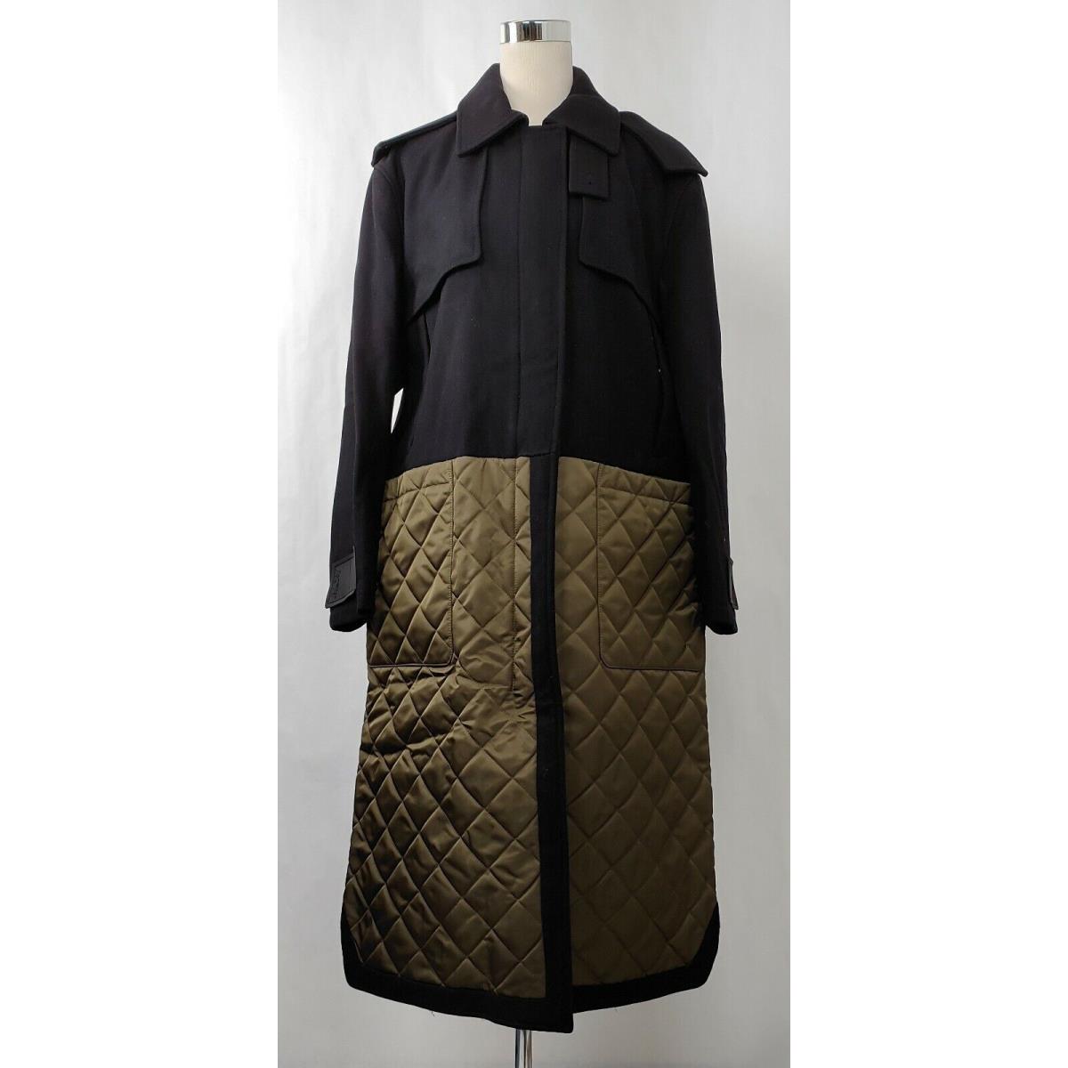 Mcm Women`s Black Wool/ Olive Green Quilted Nylon Long Coat W/hood MFC9ARA47BK