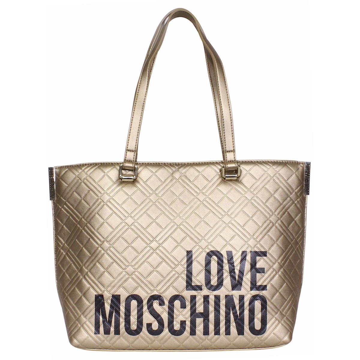 Love Moschino Women`s Logo Tote Handbag Quilted Gold