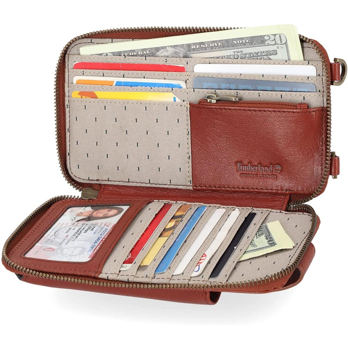 Timberland Women`s Wallet Rfid Leather Crossbody Phone Bag Wallet Brown