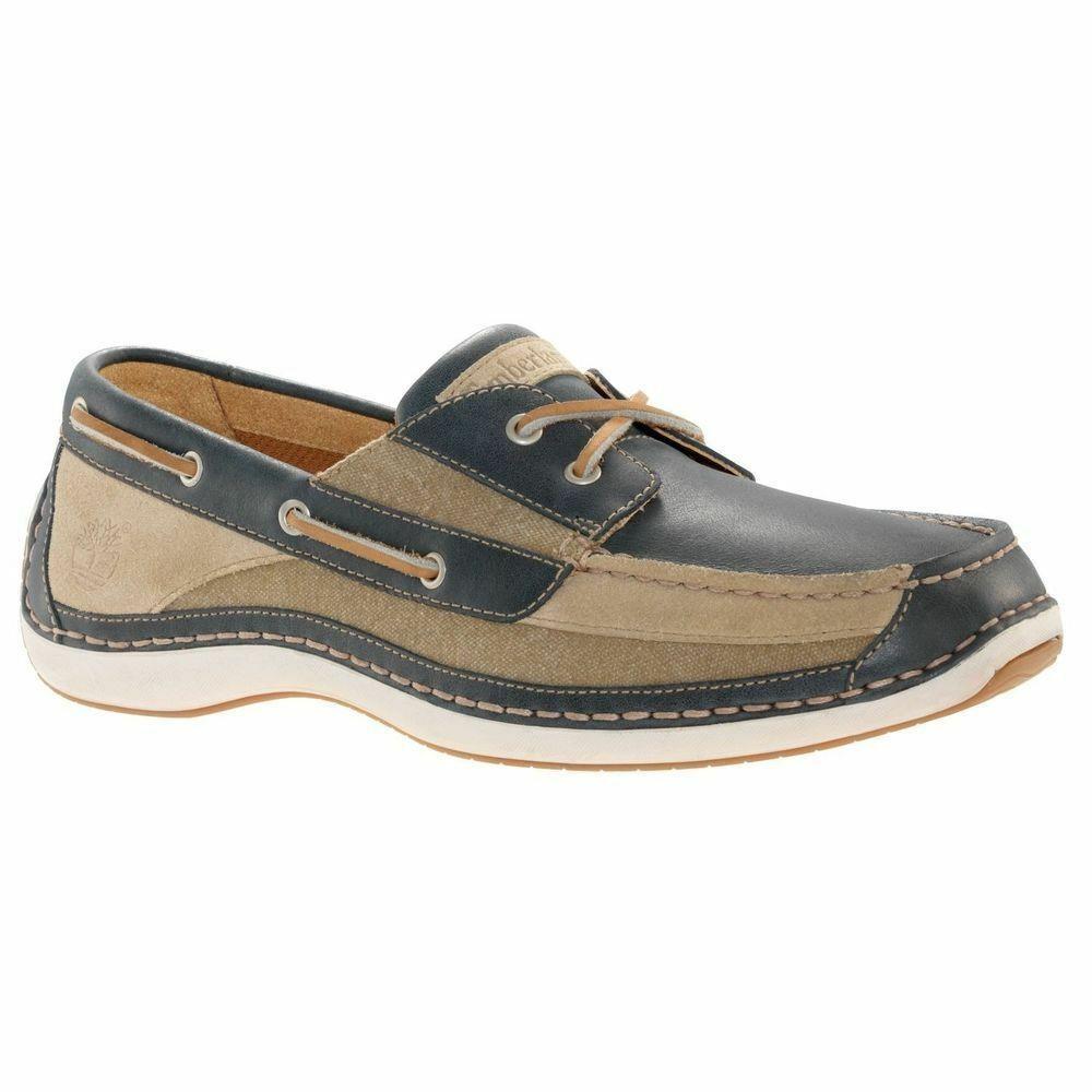 Timberland Men`s Anapolis Moc Toe Beige / Navy Leather Boat Shoes 74090