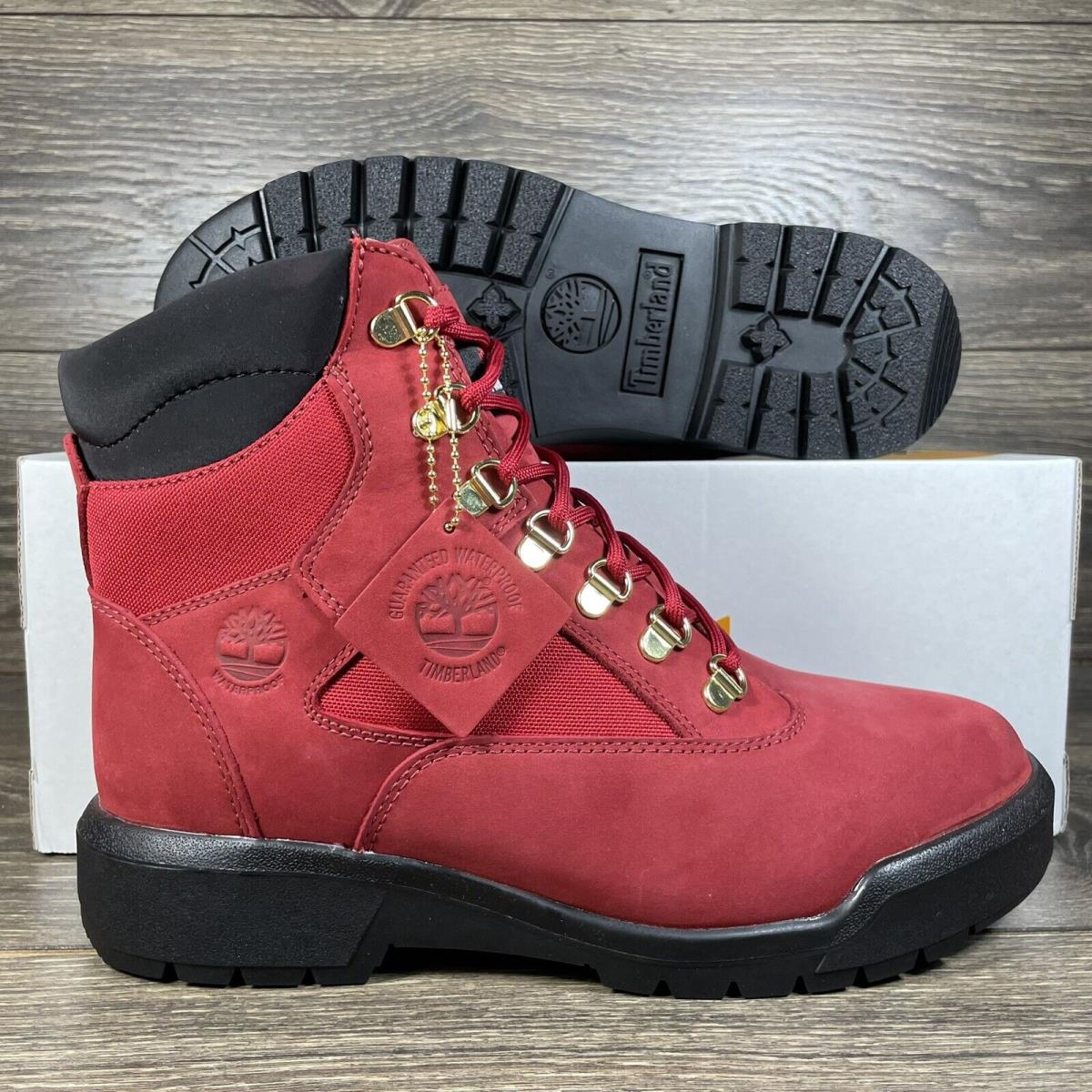 Timberland Men`s 6 Inch Field Boots Waterproof Red Nubuck Leather Hiking Shoes