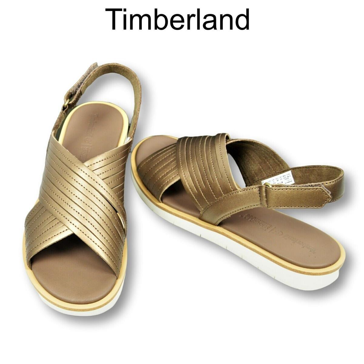 Timberland Leather Gold Tone Crossband Comfort Shoes Sandals Size: 7 9